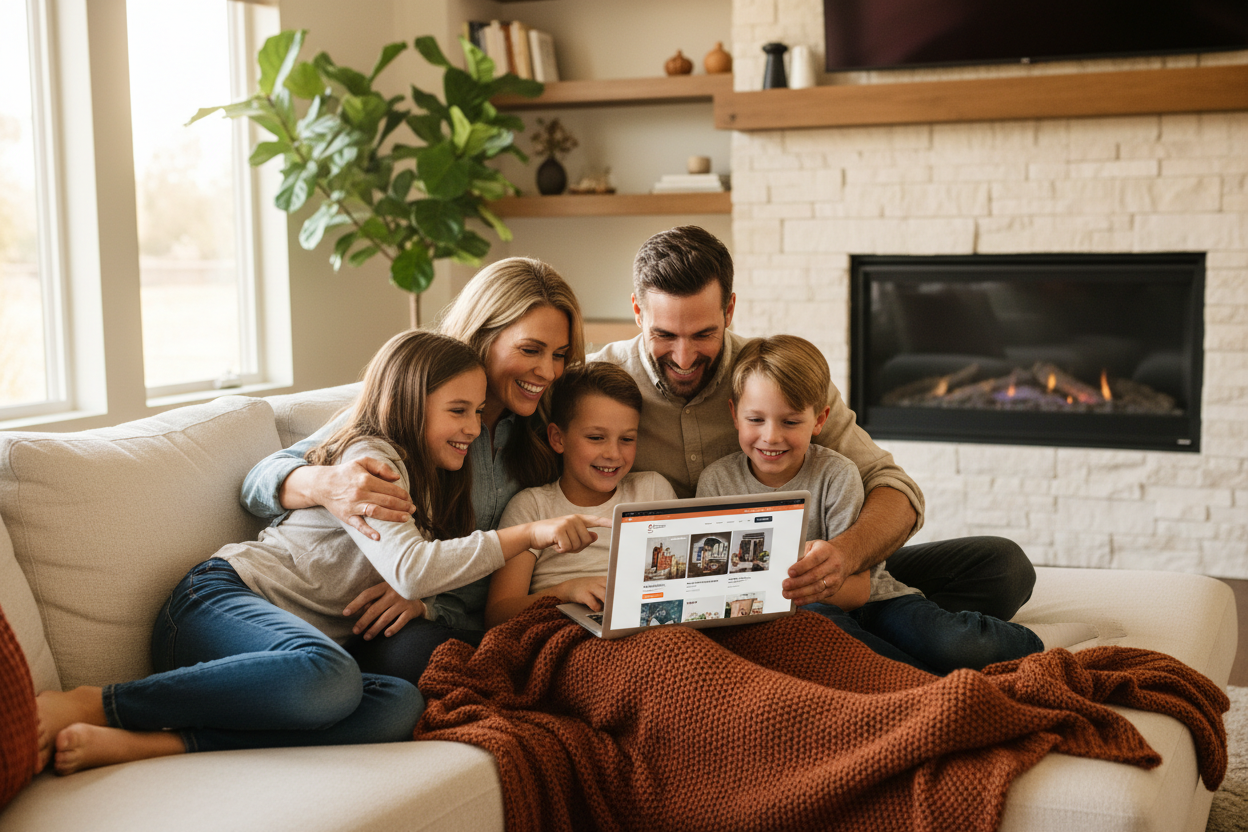 create an image of family shopping online in laptop sitting in sofa, branded 